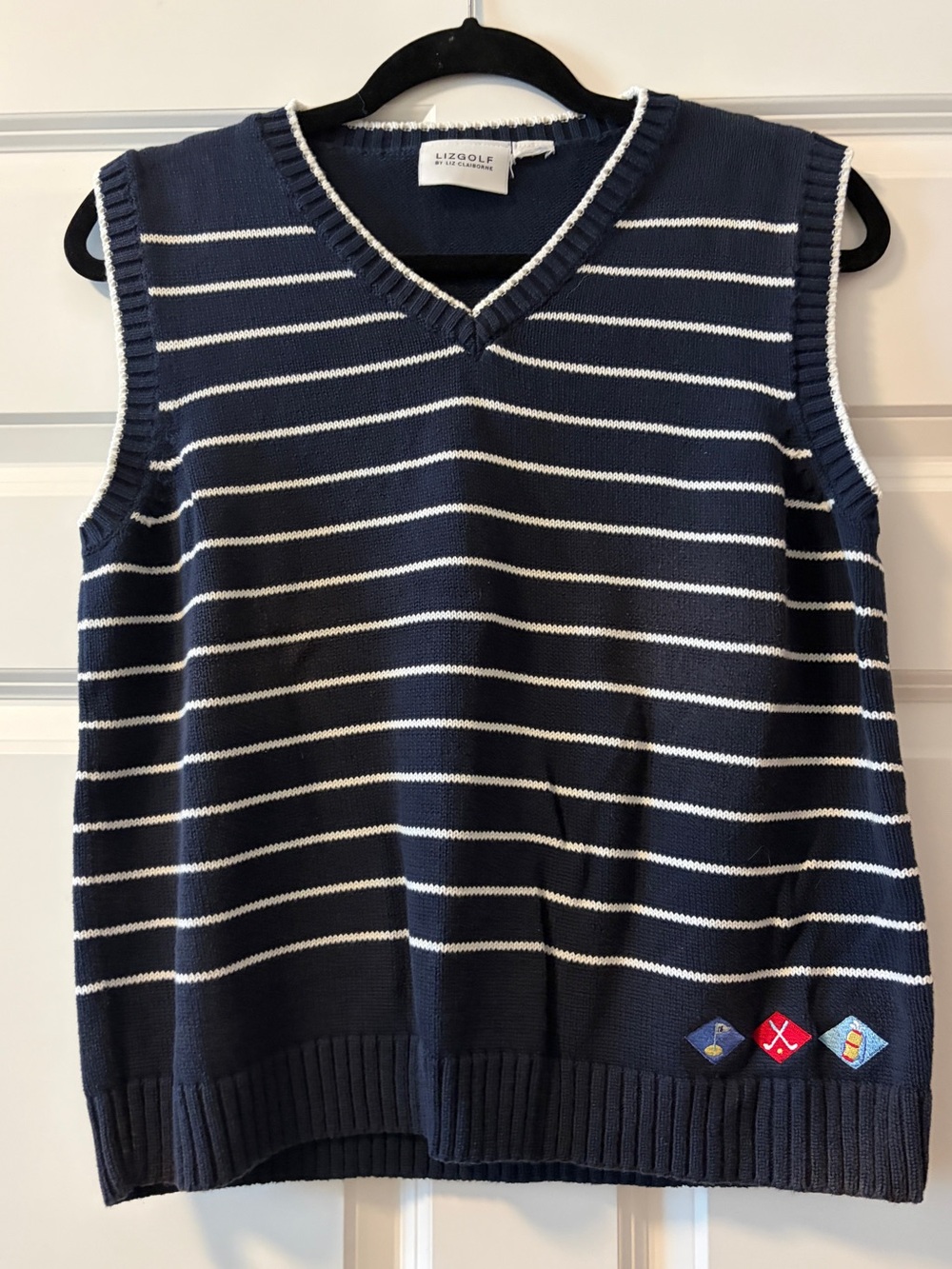 LizGolf Women's 100% Cotton Golf Sweater Vest Navy Blue/White Stripes V-Neck